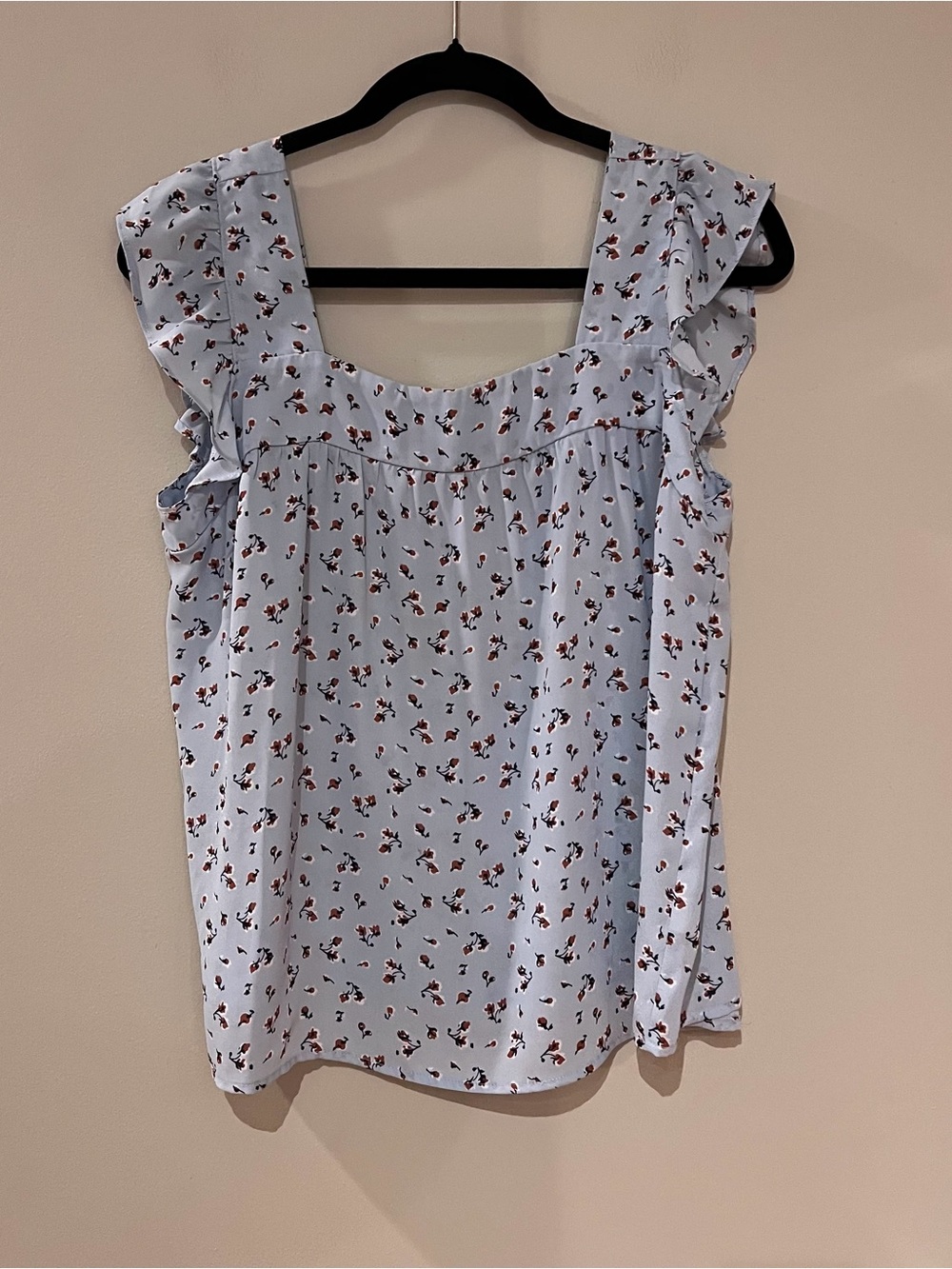 Pleione Blue Floral Flutter Sleeve Square Neck Top